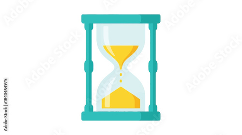 A teal hourglass with yellow sand flowing symbolizing the passage of time