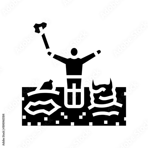 child picking up plastic on shore glyph icon vector illustration