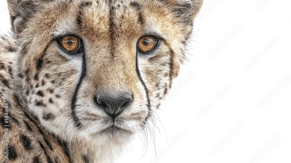 Obraz premium Close-up of a cheetah portrait showing intense golden eyes, detailed spotted fur patterns, and alert expression in natural sunlight isolated on white background