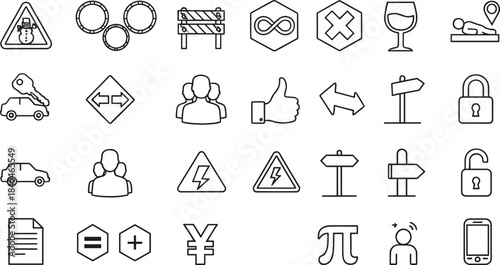 Black and White Icon Set Featuring Safety, Interface, Mathematical, Currency, Directional, and Everyday Symbols for UI and Signage Design