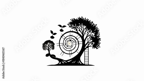 Symbolic spiral growth of a tree from seedling to maturity with new life emerging