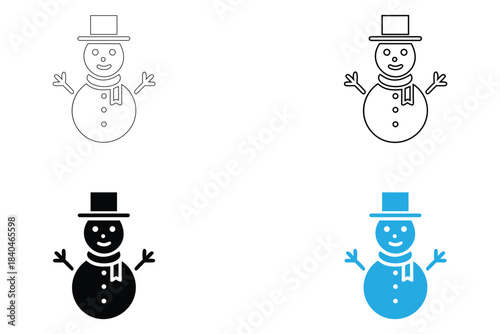 snowman icon vector set, winter snowman symbol icon vector, silhouette and line art
