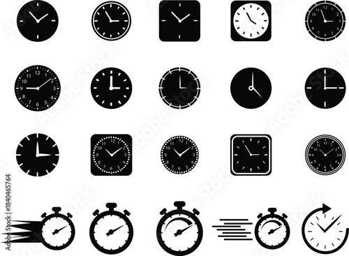 Clock icon set collection with analog wall clocks and stopwatch timer symbols in black flat and outline style, time measurement watch pictogram pack for schedule alarm countdown UI design