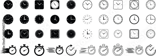 Clock icon set collection with analog wall clocks and stopwatch timer symbols in black flat and outline style, time measurement watch pictogram pack for schedule alarm countdown UI design