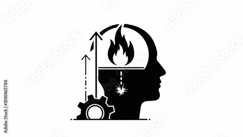 Symbolic representation of mental overload with burning ideas and gears symbolizing process