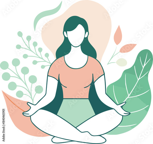 A woman meditating in a lotus position surrounded by botanical elements