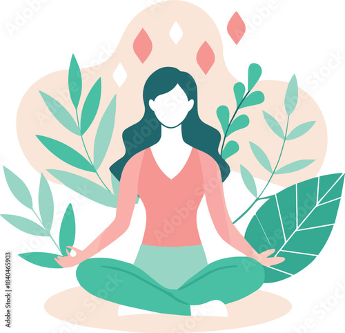 A woman meditating in a lotus position surrounded by lush greenery