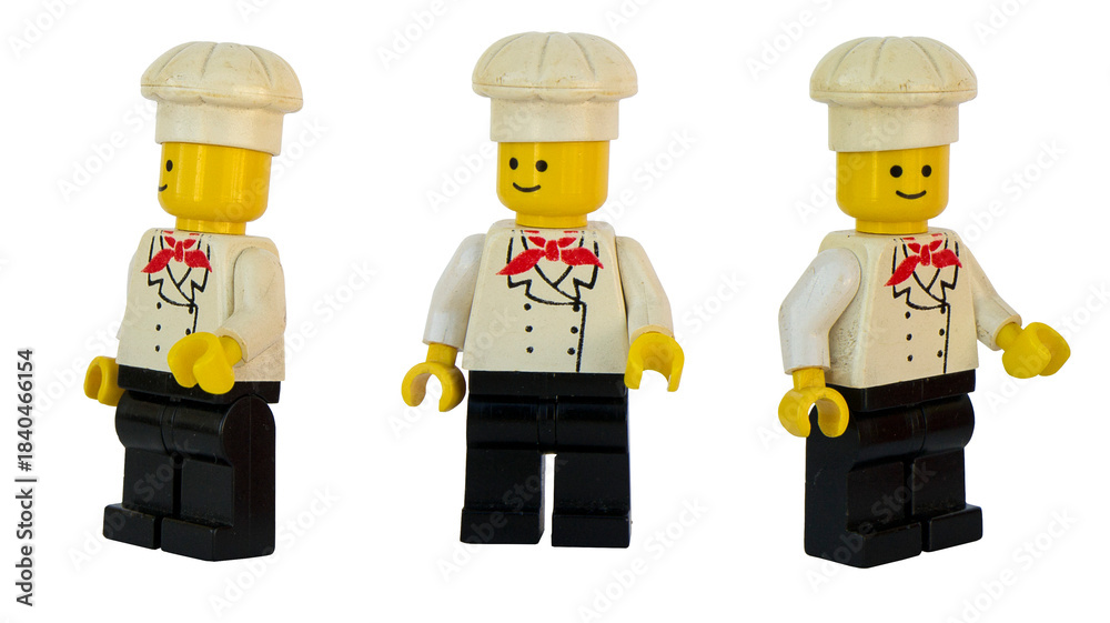 Obraz premium Figura de cocinero de LEGO oficial. Tres posturas. Imagen aislada