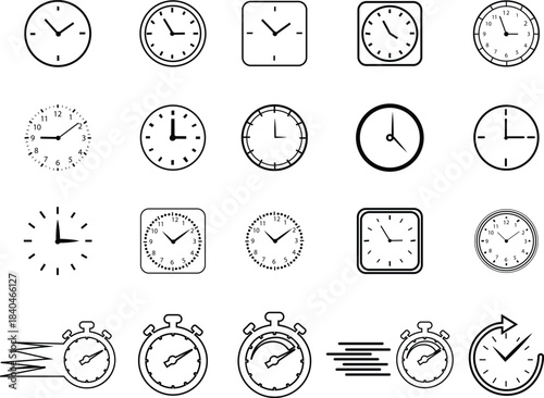 Clock icon set collection with analog wall clocks and stopwatch timer symbols in black line and outline style, time measurement watch pictogram pack for schedule alarm countdown UI design