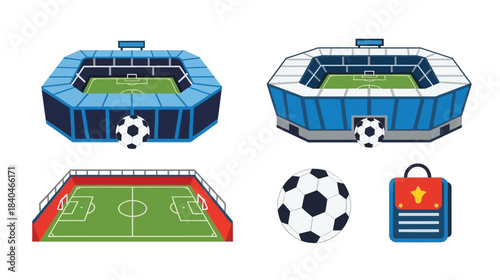 Isometric soccer stadium illustrations with footballs and sporting equipment design