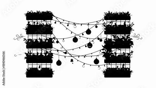Whimsical silhouette of a vertical garden adorned with festive string lights and ornaments