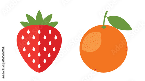 A vibrant illustration featuring a red strawberry and a juicy orange fruit