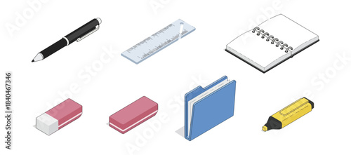 Isometric office supplies set vector illustration