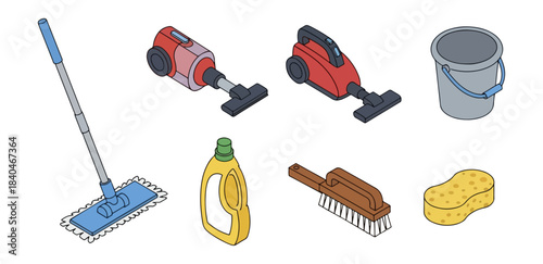 Isometric cleaning supplies set on dark background