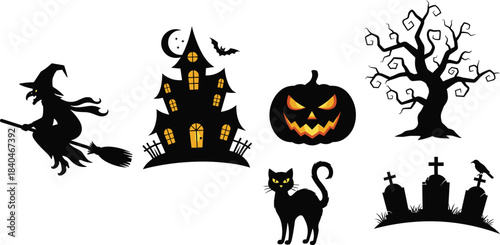 Halloween silhouettes, witch flying, haunted house, jack-o'-lantern, spooky tree, black cat, gravestones, crow, horror clipart, cartoon vector, festive