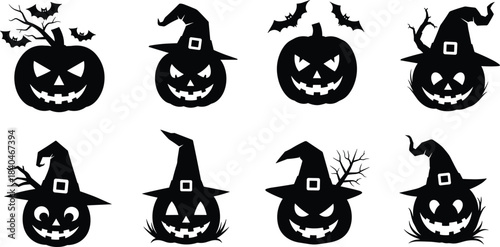 Halloween pumpkin silhouettes, spooky jack-o'-lanterns, witch hats, bats, creepy faces, tree branches, cartoon horror icons, festive clipart, vector, black