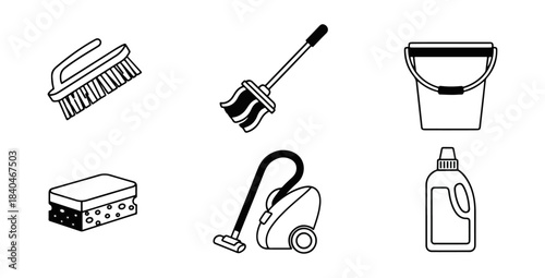 Cleaning tools icons set against dark background