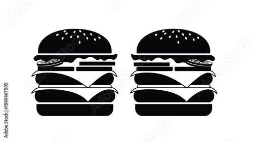 Two black and white illustrations of stacked cheeseburgers presented side by side
