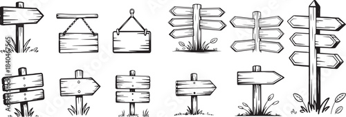 Vintage Wood Sign Line Art Collection – Blank Road Signs & Hanging Planks Clipart - Signpost Vector Set - Wooden sign, signpost, directional sign, arrow, road sign, wood plank, hand drawn, sketch, vec