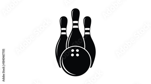A simple black and white illustration of bowling pins and a bowling ball