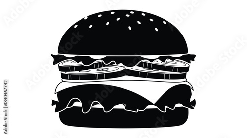 Simple black and white illustration of a classic cheeseburger with layered ingredients