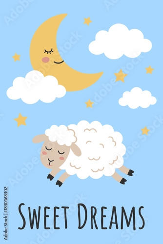 Cute Vector Illustration of Sleepy Sheep Flying in the Sky with Stars and Moon for Sweet Dreams Nursery Poster or Card Design.