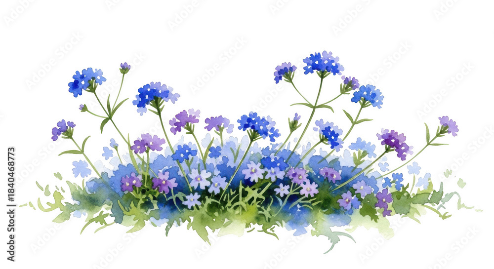 Obraz premium Watercolor Cluster of Blue and Purple Wildflowers graphic design