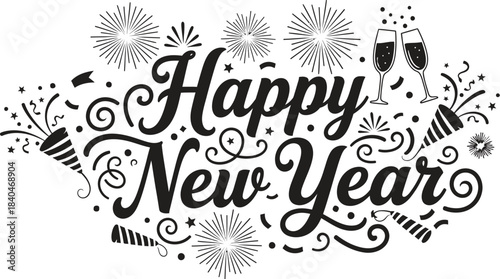 Festive happy new year hand lettering with champagne glasses and firework celebrations
