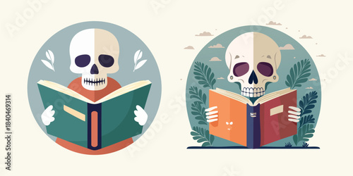 Whimsical illustration of a skeleton reading a book, surrounded by subtle nature elements, conveying a love for knowledge and quiet contemplation