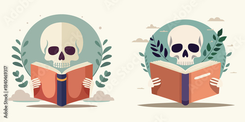 Illustrations of a Skull Reading a Book, Symbolizing Knowledge and Mortality