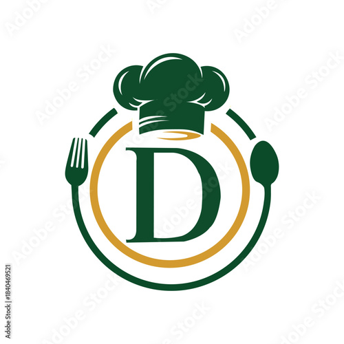 Vector art of elegant monogram d logo with chef hat, fork, and spoon for restaurant or culinary business