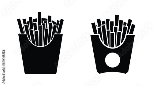 Simple black and white illustration of two servings of french fries in containers