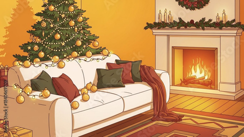 Cozy Christmas Living Room: The living room embraces the spirit of Christmas, a warm fire crackles merrily within the fireplace, casting a golden glow upon a decorated tree. 