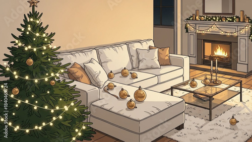 Festive Holiday Home: A cozy living room adorned with a brightly lit Christmas tree, a crackling fireplace, and golden ornaments, creating a warm and inviting holiday atmosphere.