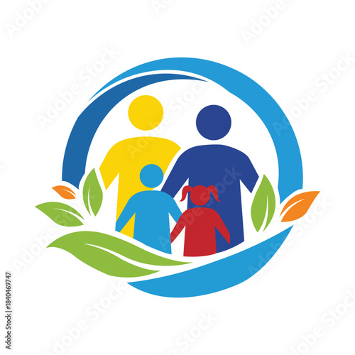 Vector art of colorful stylized logo representing a family unit with abstract leaves and a circular frame