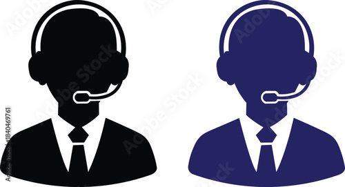 Vector art of customer service agent icons with headsets and ties in black and blue silhouettes
