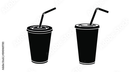 Two black plastic cups with straws simple graphic illustration on white background