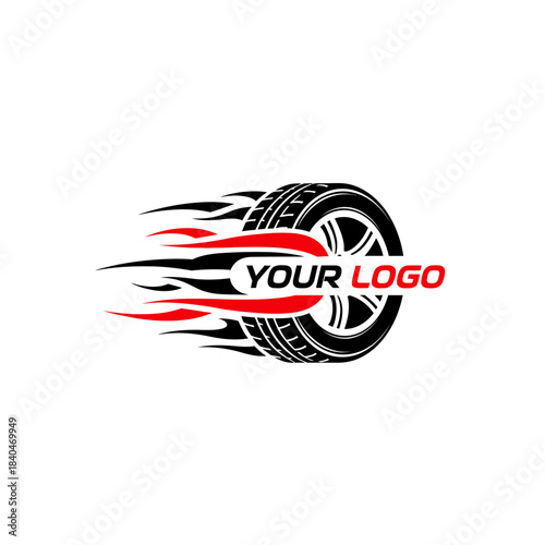 Dynamic racing tire with motion lines and customizable logo integration for