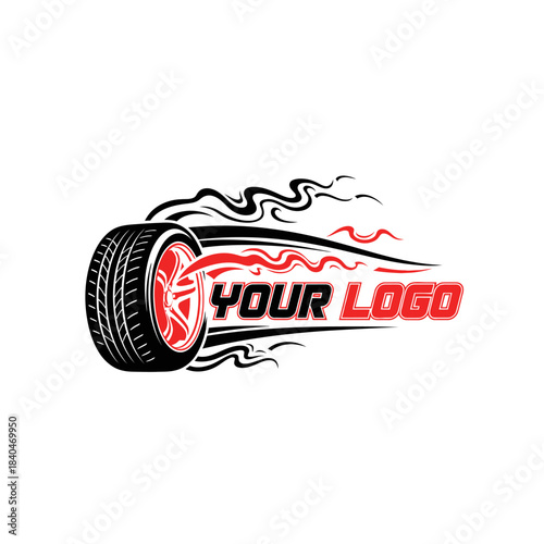 Dynamic racing tire emblem with fast motion lines and customizable logo design