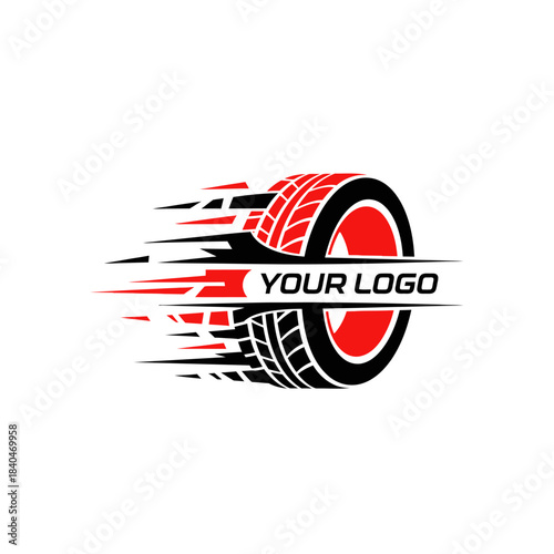 Dynamic racing tire logo with motion lines emphasizing speed and performance