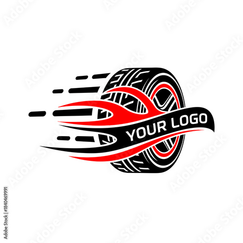 Dynamic tire with fiery streaks and customizable logo banner for speed