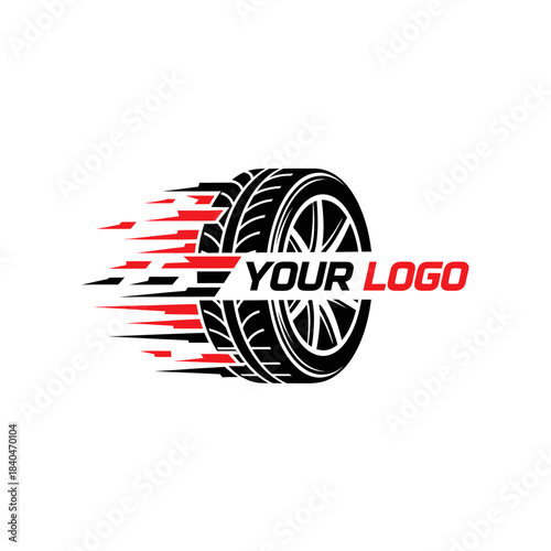 dynamic tire logo with motion lines and customizable text design for