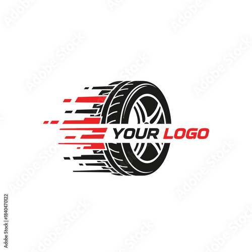 Dynamic tire motion graphic with customizable logo placeholder for automotive