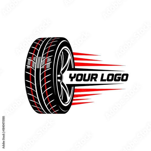 Dynamic racing tire with motion streaks and customizable logo space for