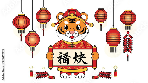 Cartoon tiger in traditional attire holds scroll surrounded by lanterns and firecrackers