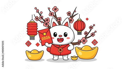 Cute rabbit in red holds 2026 envelope, surrounded by blossoms, lanterns, gold ingots
