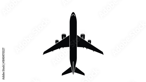 A simplified black silhouette of a passenger airplane viewed from above