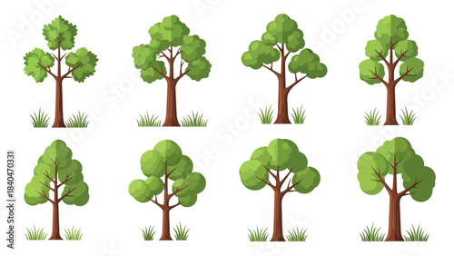 Eight pixelated flat-design trees with green foliage and brown trunks, on white background