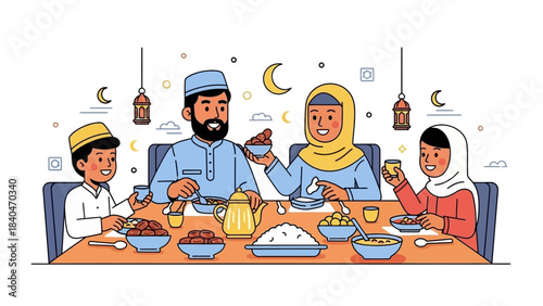 Family enjoys a celebratory meal with food, drinks, and traditional decorations
