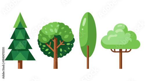 Four stylized green trees with brown trunks on a white background